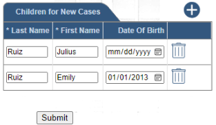 The entry of the child's name and date of birth in the Children for New Cases tab.